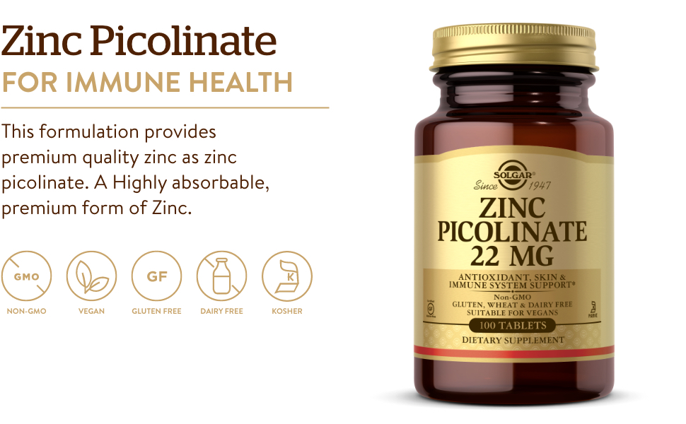 Solgar Zinc Picolinate 22 mg, 100 Tablets - Promotes Healthy Skin - Supports Immune System, Normal Taste & Vision - Antioxidant – Non-GMO, Vegan, Gluten Free, Kosher - 100 Servings