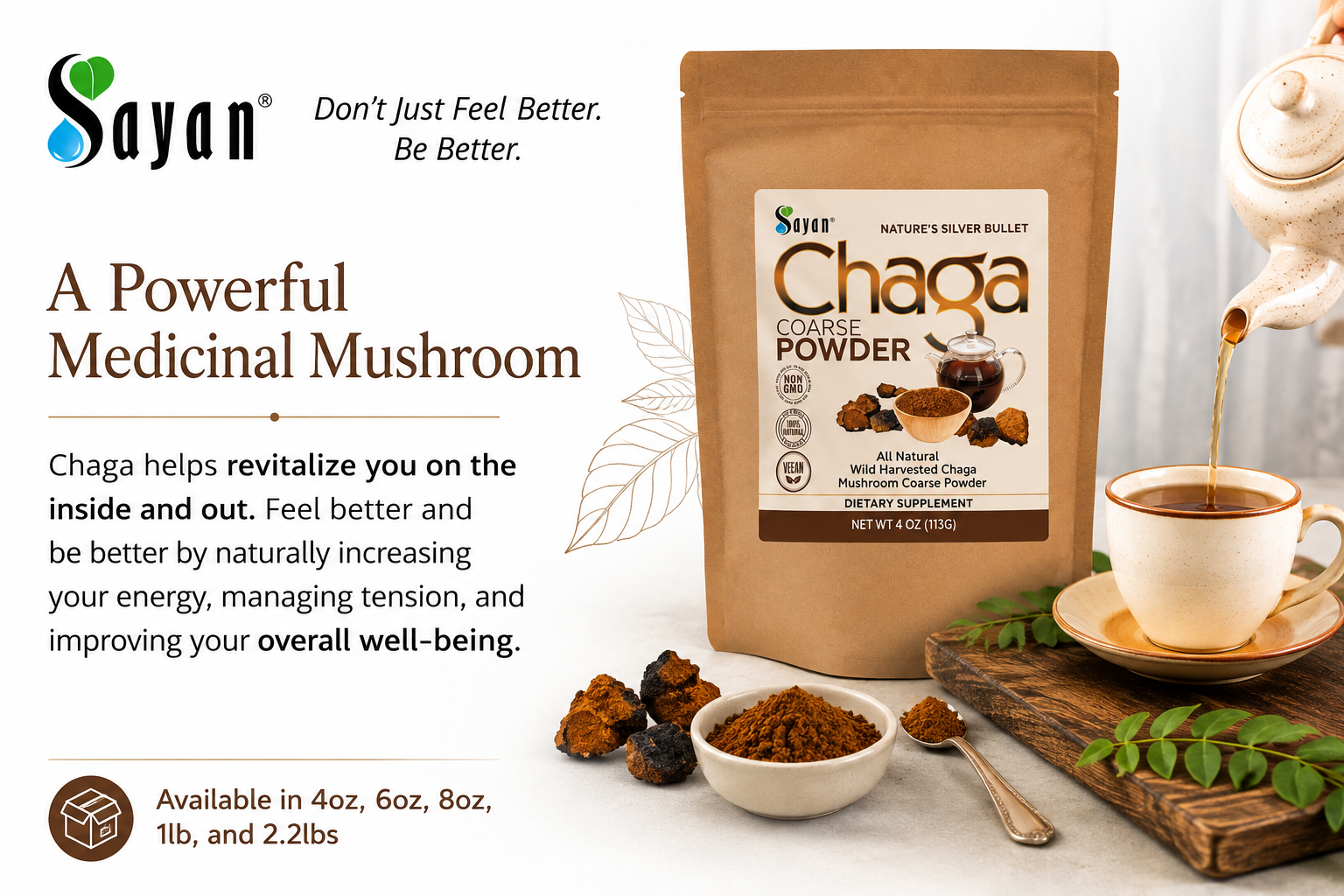 Sayan Coarse Chaga Powder 1 lb 454g Siberian Wild-Harvested Raw Tea Non-GMO