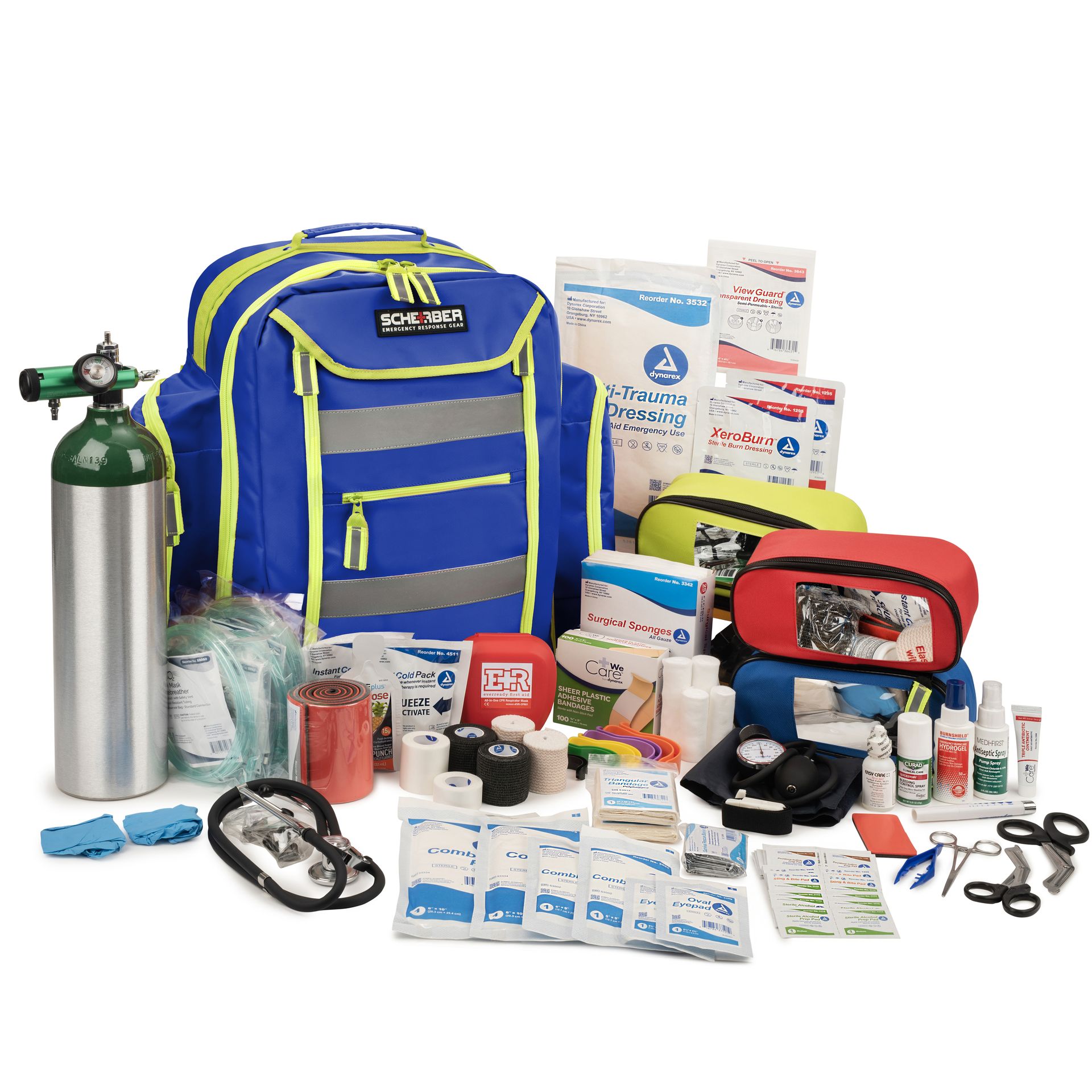 Scherber Fully-Stocked Premium First Responder Backpack | EMT/EMS Medic Trauma, Bleeding & Oxygen Medical Kit | CAT Tourniquet, QuikClot 4x4, HyFin Chest Seal & 250+ First Aid Supplies - Blue