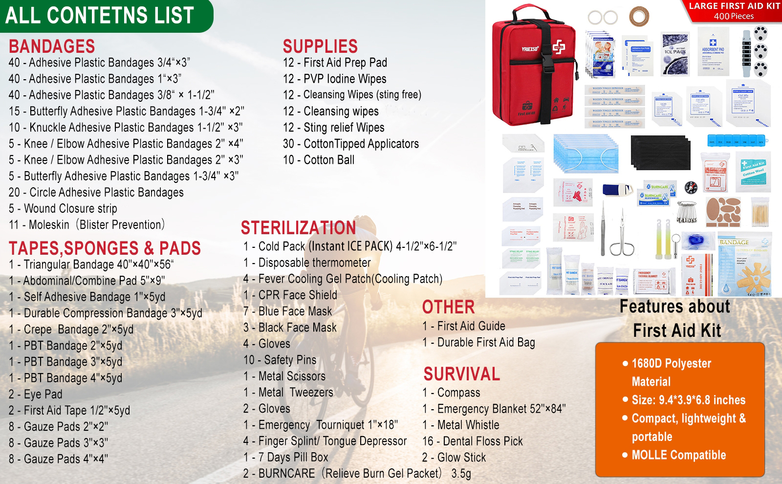 VRIEXSD 400 Piece Large First Aid Kit for Home, Car, Travel, Camping,Sports