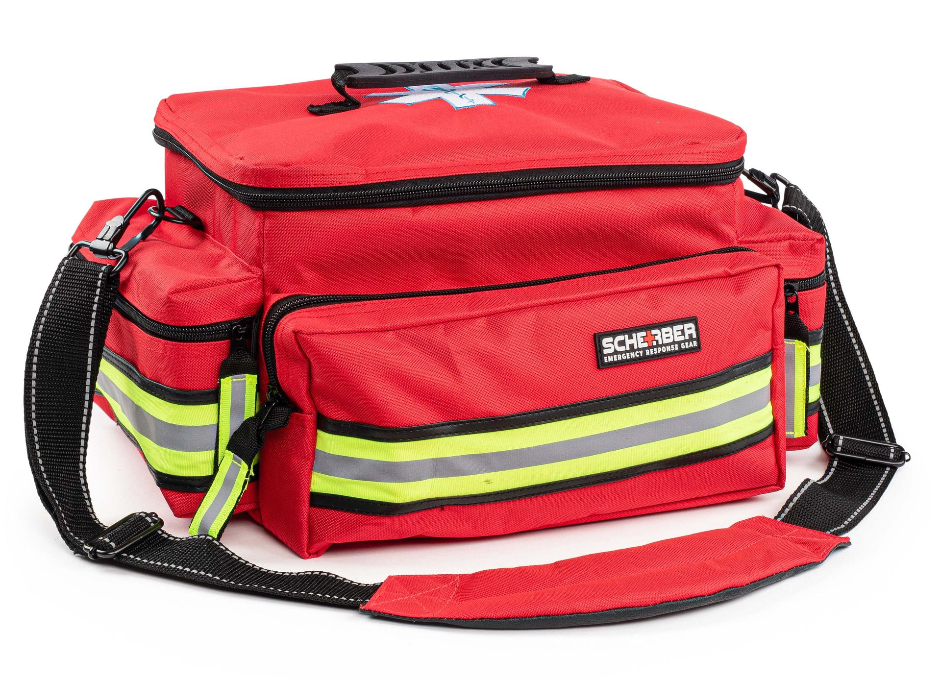 Scherber First Responder Fully-Stocked Professional Essentials EMT/EMS Trauma Kit | HSA/FSA Approved | Reflective Bag w/8 Zippered Pockets & Compartments & 200+ First Aid Supplies - Red