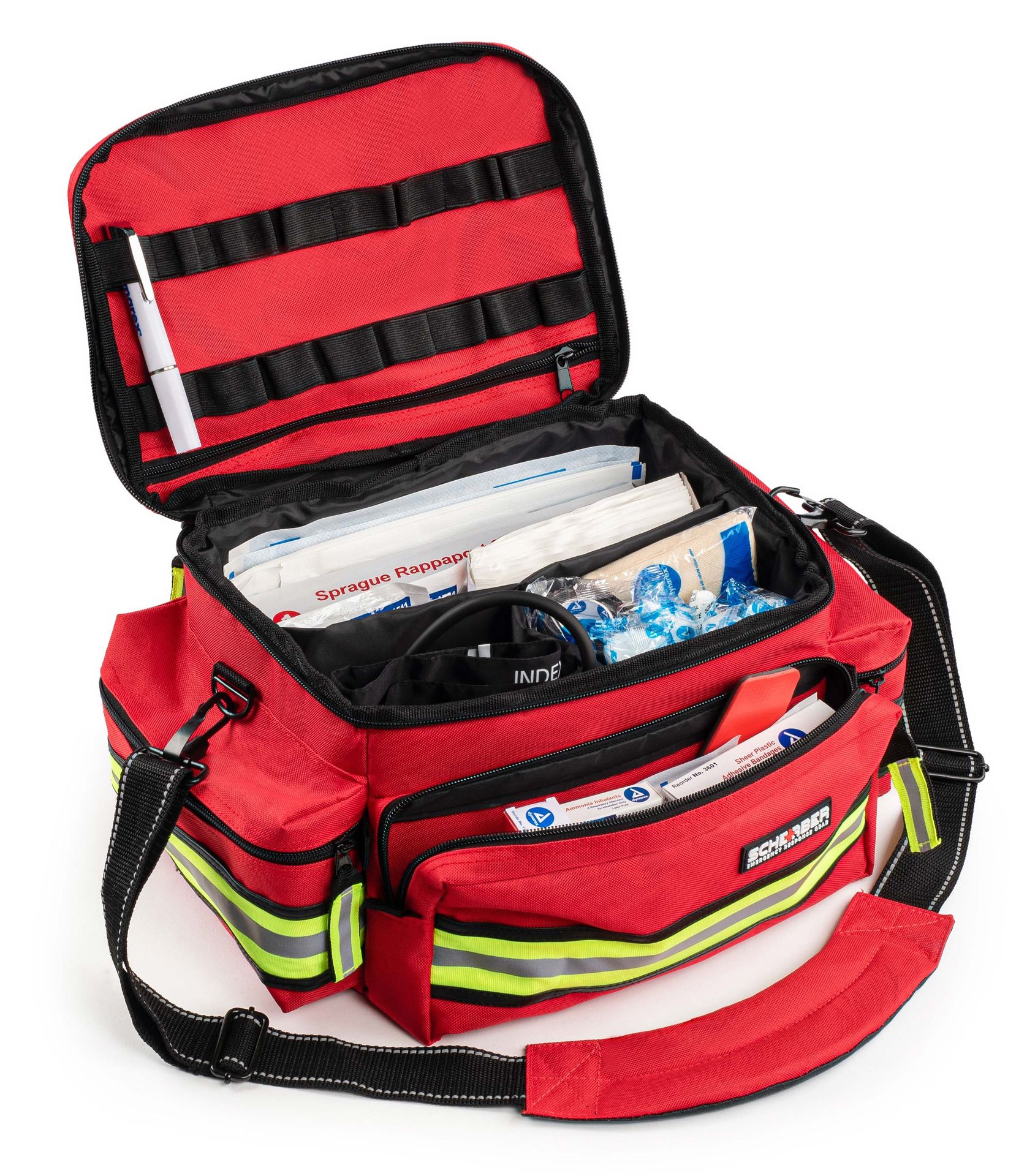 Scherber First Responder Fully-Stocked Professional Essentials EMT/EMS Trauma Kit | HSA/FSA Approved | Reflective Bag w/8 Zippered Pockets & Compartments & 200+ First Aid Supplies - Red