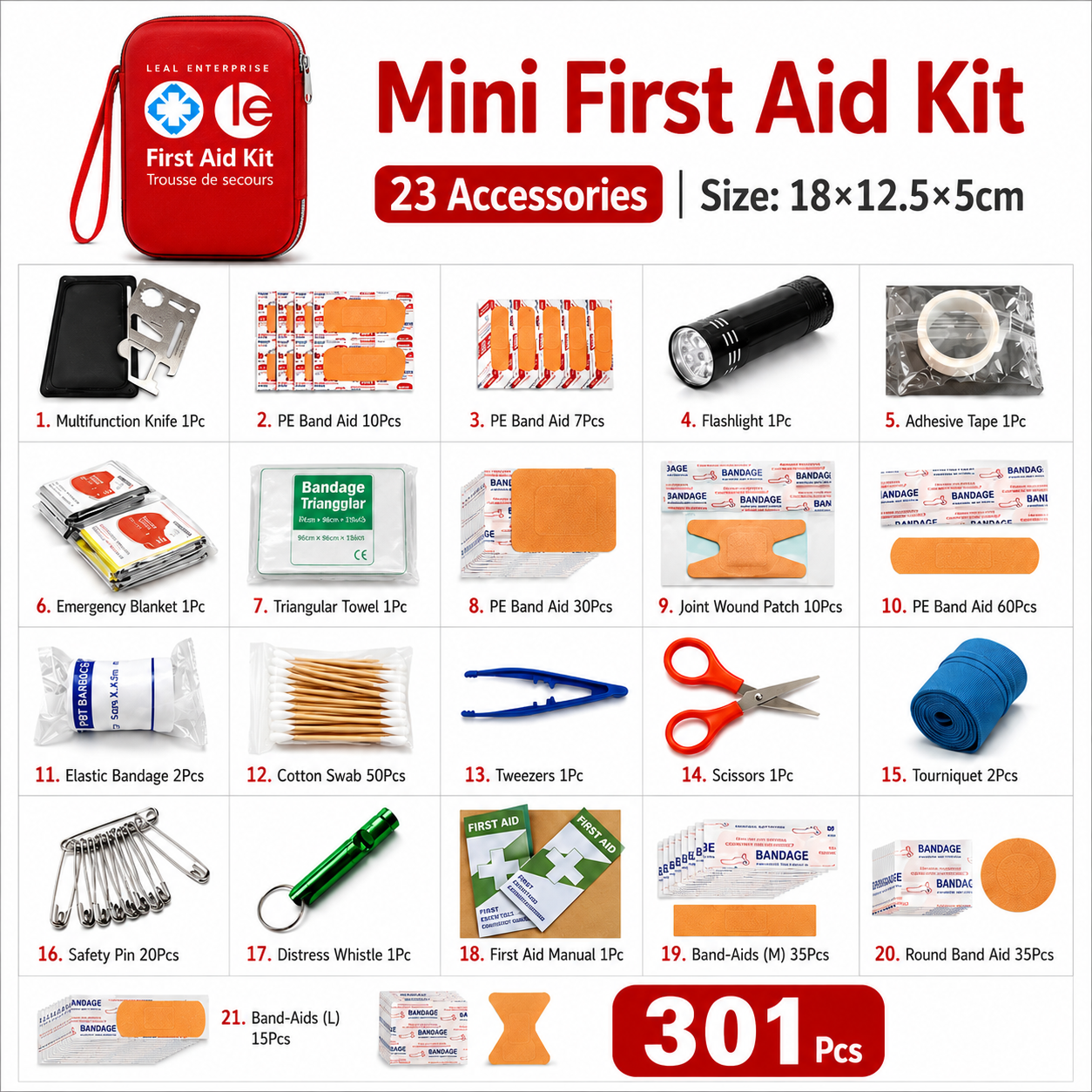 LEAL 301 Piece First Aid Kit & Survival Kit Camping, car, home, emergency