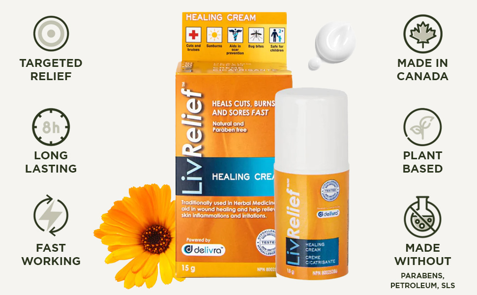 LivRelief First Aid Wound Cream for Cuts, Burns, Sores and Bug-Bites - Fast Healing Multi-Purpose Therapy Natural & Paraben-Free - 15g