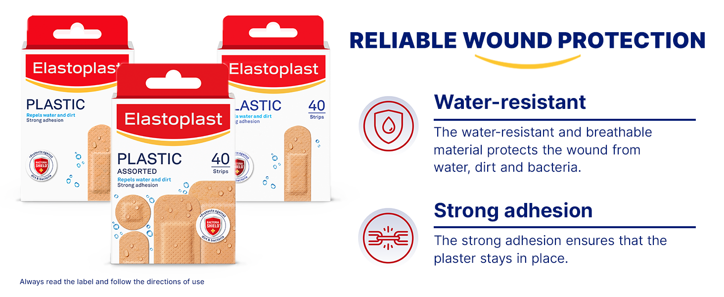 Elastoplast Plastic Water Resistant Plasters (20 Pack) | With Bacteria Shield | All-Purpose First Aid Bandages | Repels Water & Dirt | Strong Adhesion | Breathable Material | Protects Minor Wounds