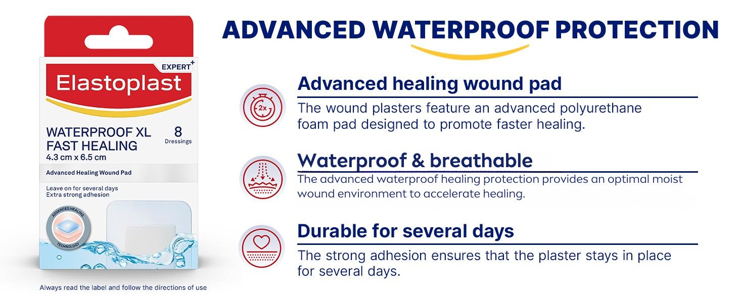 Elastoplast Waterproof XL Fast Healing Wound Dressings 6.5cm x 4.3cm (16 Pack) | Reduces Risk of Scarring | Extra Strong Adhesion | Waterproof Plaster | Protects Wounds from Dirt & Bacteria