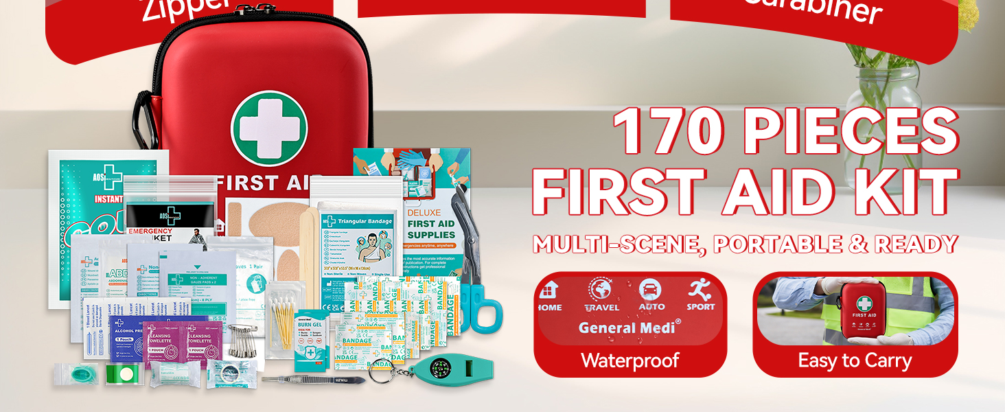 First Aid Kit - 170 Pieces Hard Case and Lightweight - Includes Instant Cold Pack,Emergency Blanket for Travel, Home, Office, Vehicle