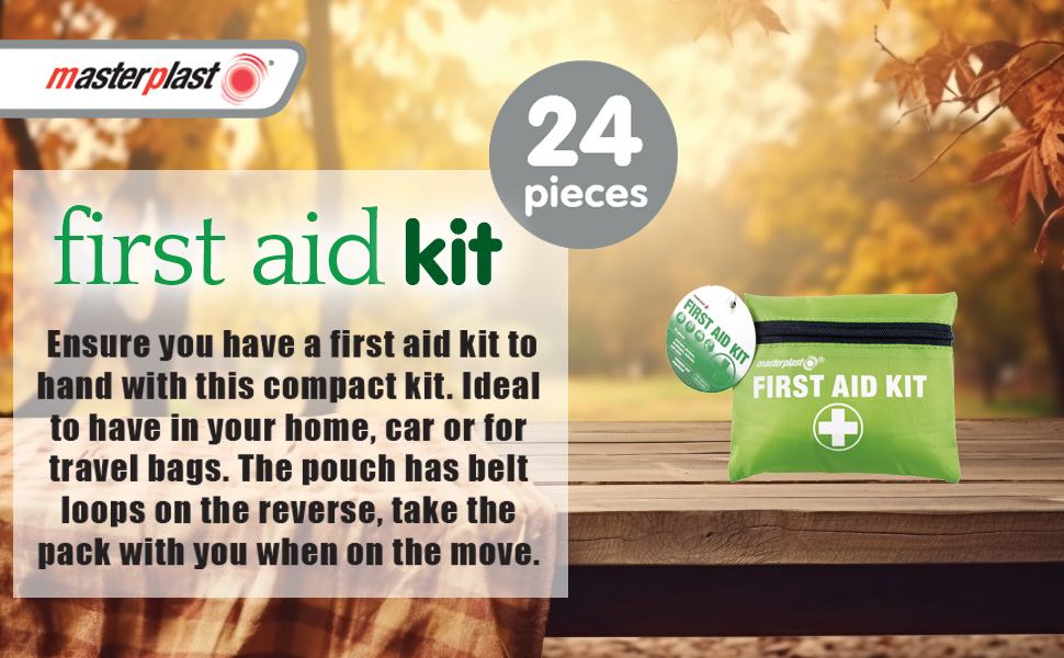 Masterplast First Aid Kit Compact | 24 Pieces - Compact & Organised, Mini Emergency Kit, for Camping, Home, Office, Car, Travel - Plasters, Banages, Dressings, Medical Tape