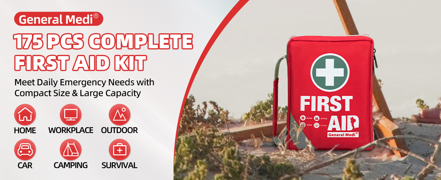 General Medi First Aid Kit - Small Compact First Aid Kit Bag(175 Piece) - Reflective Bag Design- Includes Instant Cold Pack, Emergency Blanket for Travel, Home, Office, Vehicle,Camping
