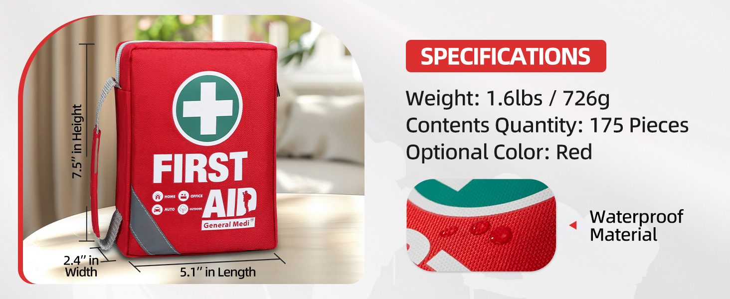 General Medi First Aid Kit - Small Compact First Aid Kit Bag(175 Piece) - Reflective Bag Design- Includes Instant Cold Pack, Emergency Blanket for Travel, Home, Office, Vehicle,Camping
