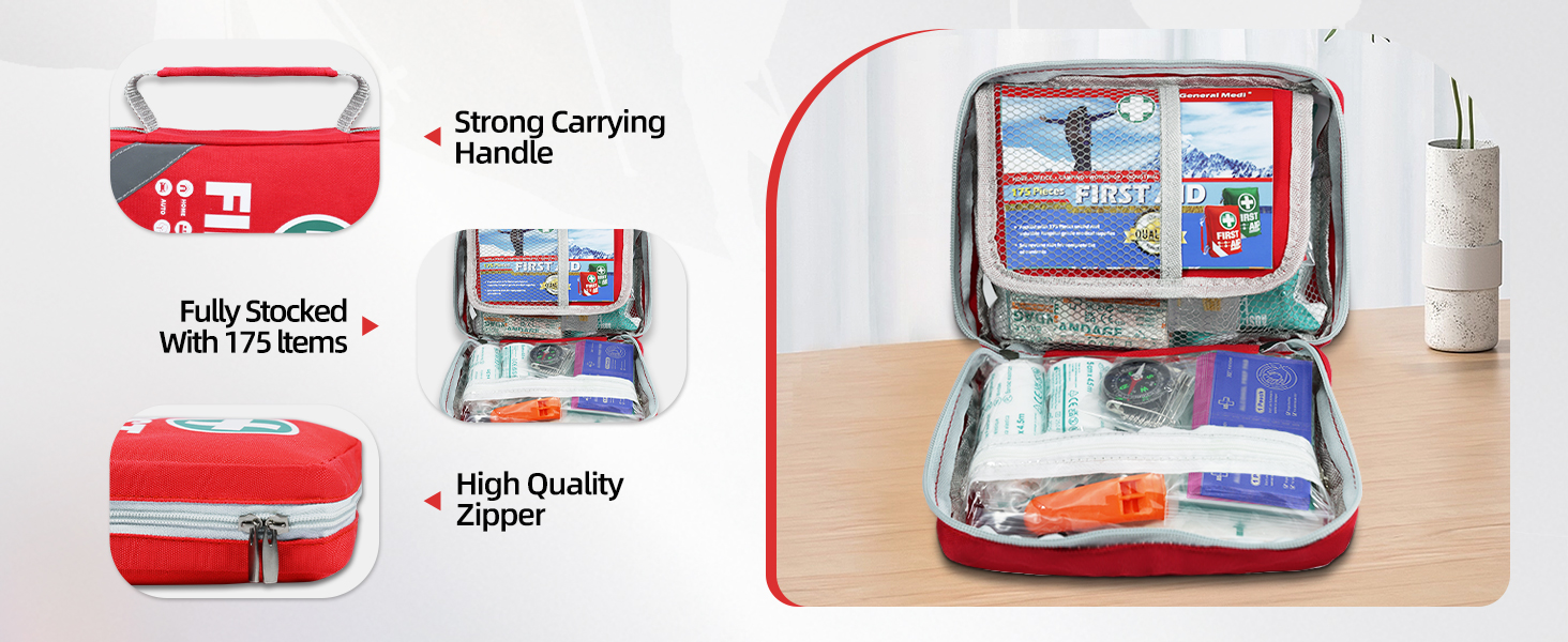 General Medi First Aid Kit - Small Compact First Aid Kit Bag(175 Piece) - Reflective Bag Design- Includes Instant Cold Pack, Emergency Blanket for Travel, Home, Office, Vehicle,Camping