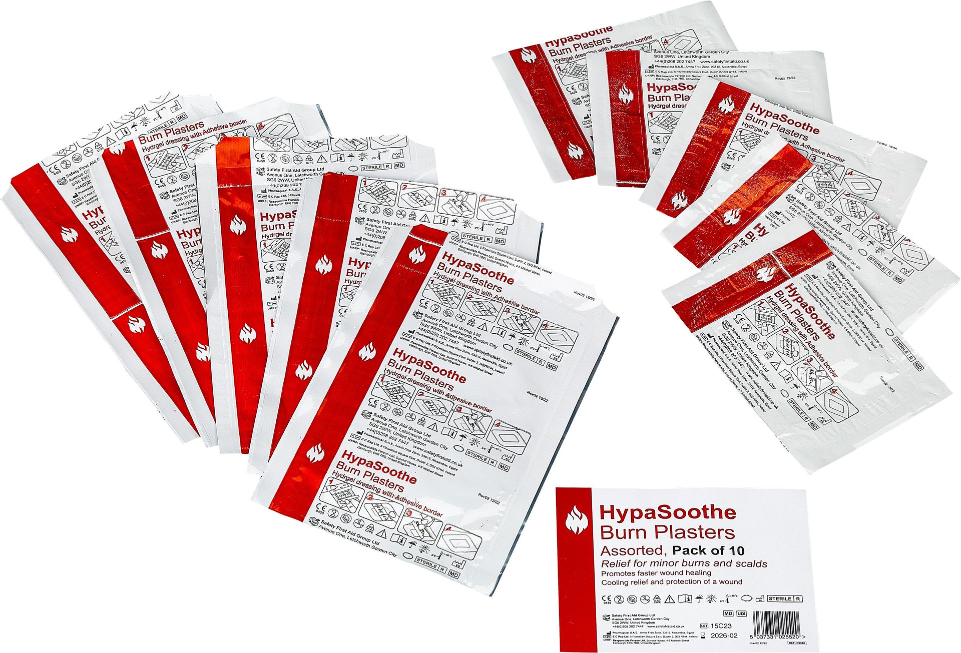 Safety First Aid HypaSoothe Assorted Pack of 10 Burn Plasters | Sterile and Hypoallergenic