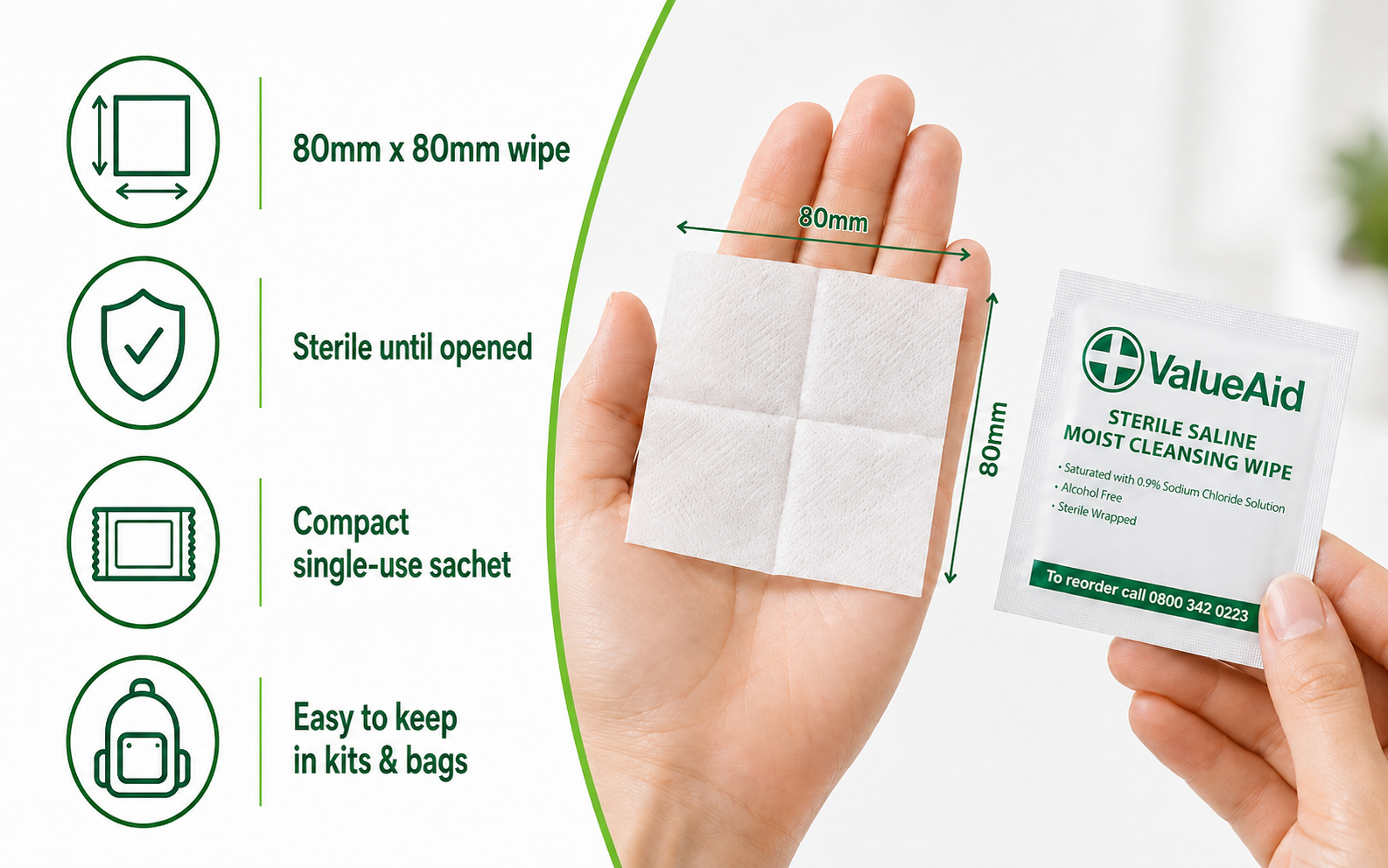 Value Aid Sterile Saline Moist Cleansing Wipes Box of 100 - Alcohol Free 0.9% Sodium Chloride Skin Cleaning Wipes - Individually Wrapped First Aid Wipes 80 x 80mm Sachets
