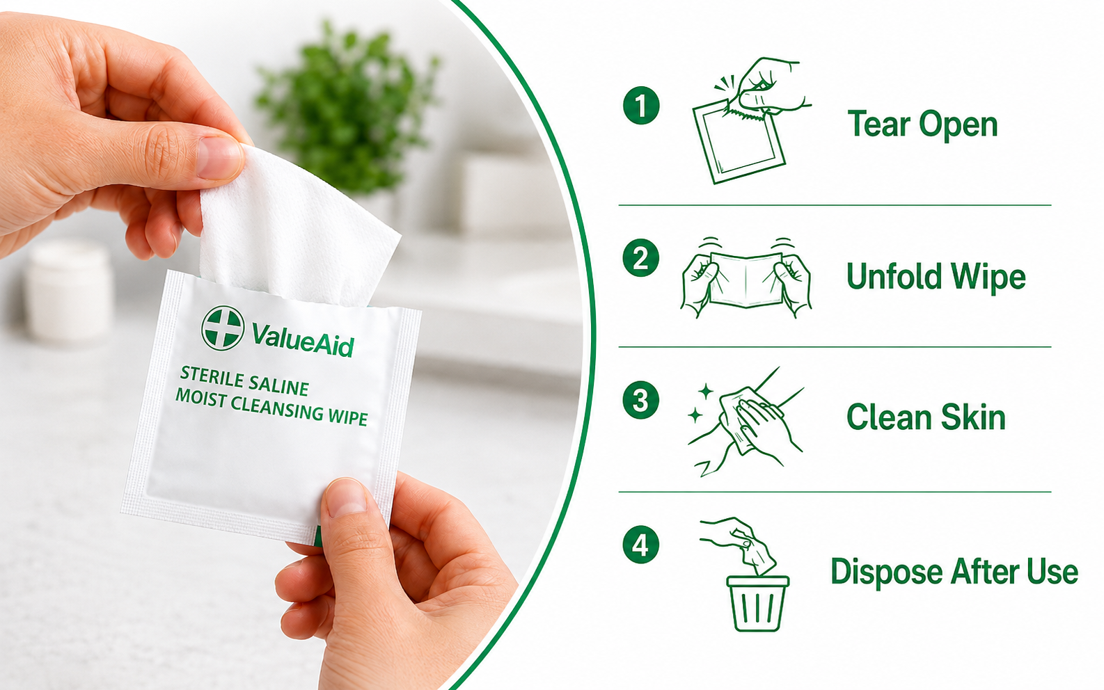 Value Aid Sterile Saline Moist Cleansing Wipes Box of 100 - Alcohol Free 0.9% Sodium Chloride Skin Cleaning Wipes - Individually Wrapped First Aid Wipes 80 x 80mm Sachets
