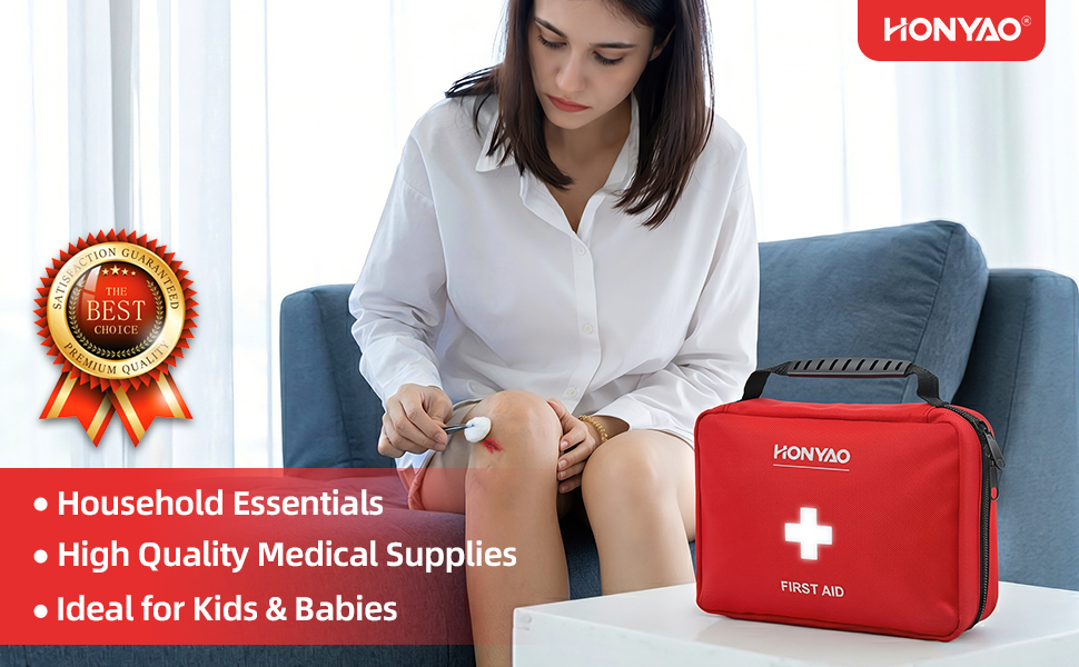 HONYAO® First Aid Kit 220 Pcs, First Aid Bag with Premium Waterproof Nylon Shell, Medical Kit for Home Workplace Car School Outdoor Camping, Includes Plasters, Cold Pack, Emergency Blanket etc. Red
