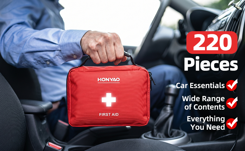 HONYAO® First Aid Kit 220 Pcs, First Aid Bag with Premium Waterproof Nylon Shell, Medical Kit for Home Workplace Car School Outdoor Camping, Includes Plasters, Cold Pack, Emergency Blanket etc. Red