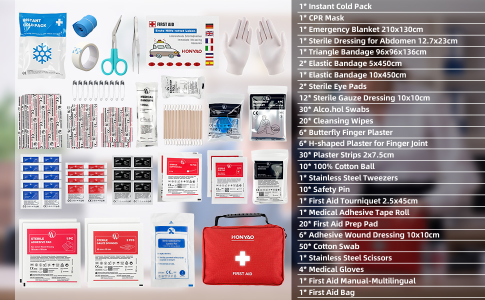 HONYAO® First Aid Kit 220 Pcs, First Aid Bag with Premium Waterproof Nylon Shell, Medical Kit for Home Workplace Car School Outdoor Camping, Includes Plasters, Cold Pack, Emergency Blanket etc. Red