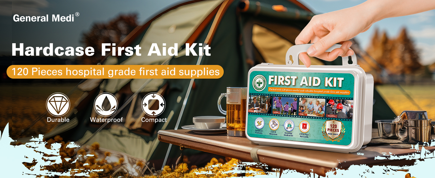 General Medi 120 Pieces Hardcase First Aid Kit - Includes Instant Cold Pack, Emergency Blanket for Travel, Home, Office, Vehicle, Camping, Workplace & Outdoor