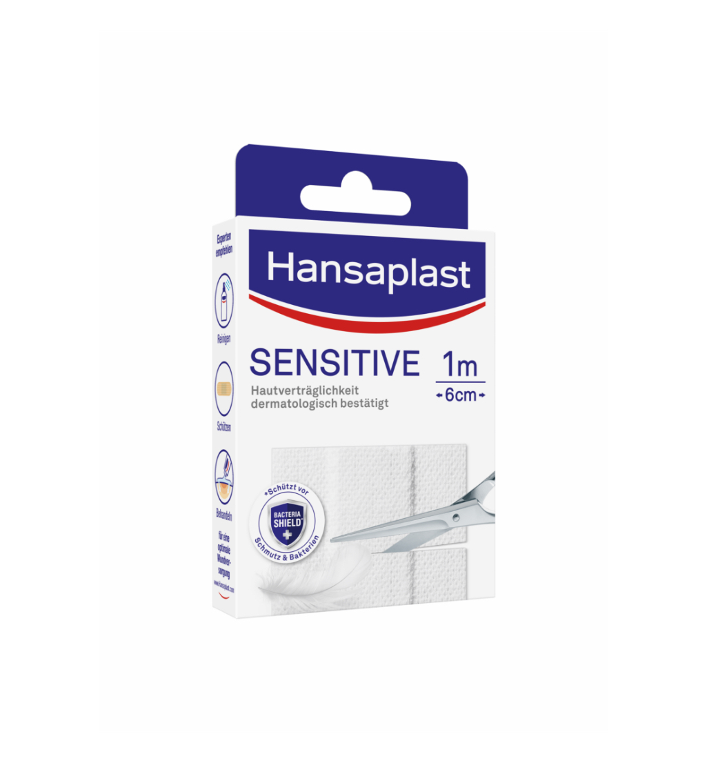 Hansaplast Sensitive Plaster (1 m x 6 cm), Cut to Size and Skin-Friendly Wound Plasters with Bacteria Shield & Secure Adhesion, Painless to Remove Plasters