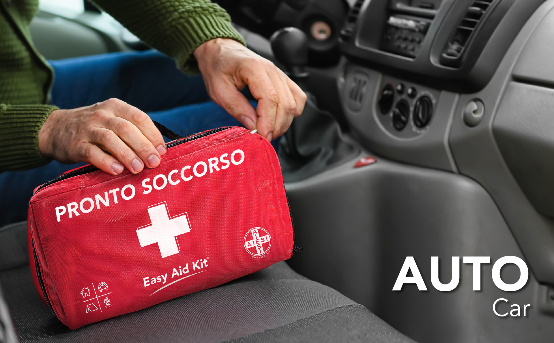 AIESI® Professional First Aid Kit with Thermometer and Disinfectant for Car Home Travel Boat Motorcycle Trekking Easy AID KIT, Complete Emergency Bag for Dressing, Made in Italy