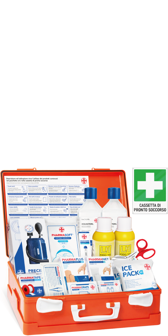 AIESI Medical First Aid Box Attachment 1 with Blood Pressure Monitor for Companies Plus 3 Employees, Aluminium Sign, DM388/DL81 Compliant, Made in Italy