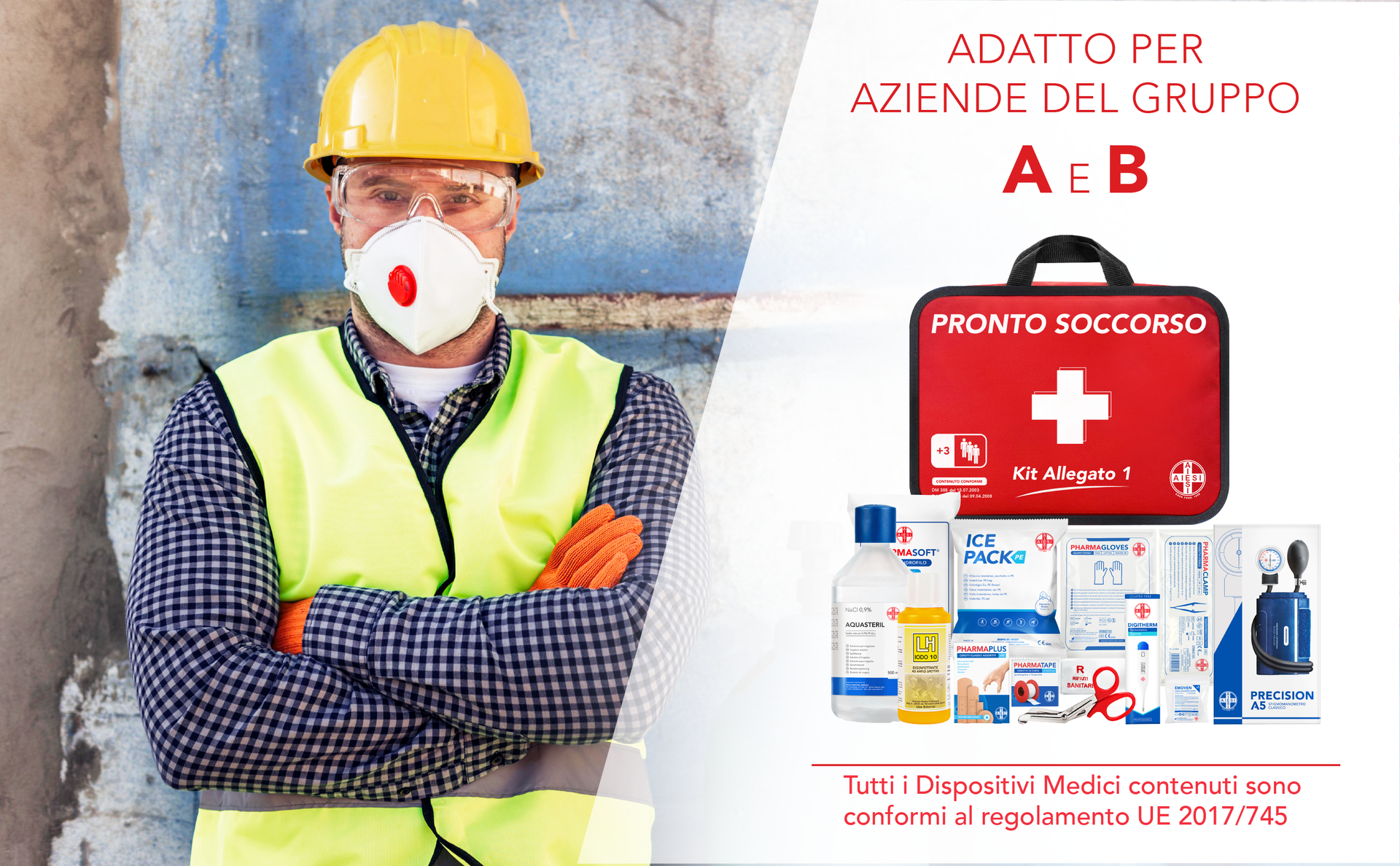 AIESI® Medical First Aid Box (Bag) Attachment 1 with Blood Pressure Monitor for Companies Plus 3 Employees, DM388/DL81 Compliant, Made in Italy