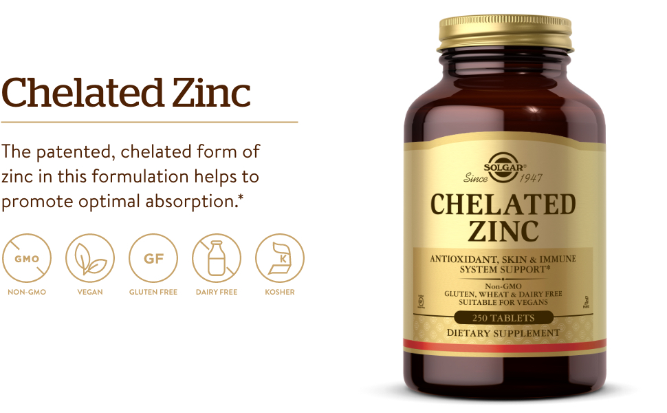 Solgar Chelated Zinc, 250 Tablets - Zinc for Healthy Skin - Supports Cell Growth & DNA Formation - Exerts Antioxidant Activity - Supports A Healthy Immune System - Non GMO, Vegan - 250 Servings