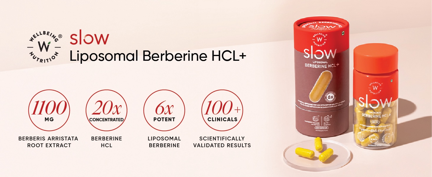 Wellbeing Nutrition Slow Liposomal Berberine HCL+ 1100mg with Karela, Cinnamon, Gymnema, Chromium |For Metabolism, Hormonal Balance, Healthy Blood Sugar & Cholesterol Levels | 60 Veg Capsules
