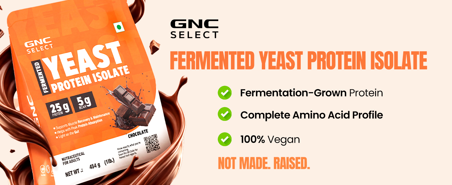 GNC Select Yeast Protein | 25g Protein, 5g BCAAs | Fermentation-Grown | Added Protease | Non-Dairy, 100% Veg, No Added Sugar | Digestive Support | Chocolate, 1lbs