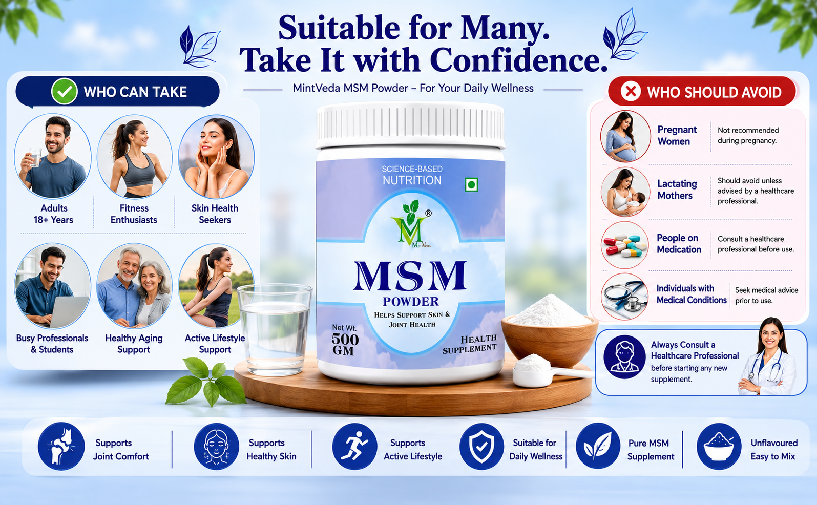 Herbal MSM Powder (Methylsulfonylmethane) for Hair Growth, Healthy Skin & Joint Support, 500 Gram, Pack of 1