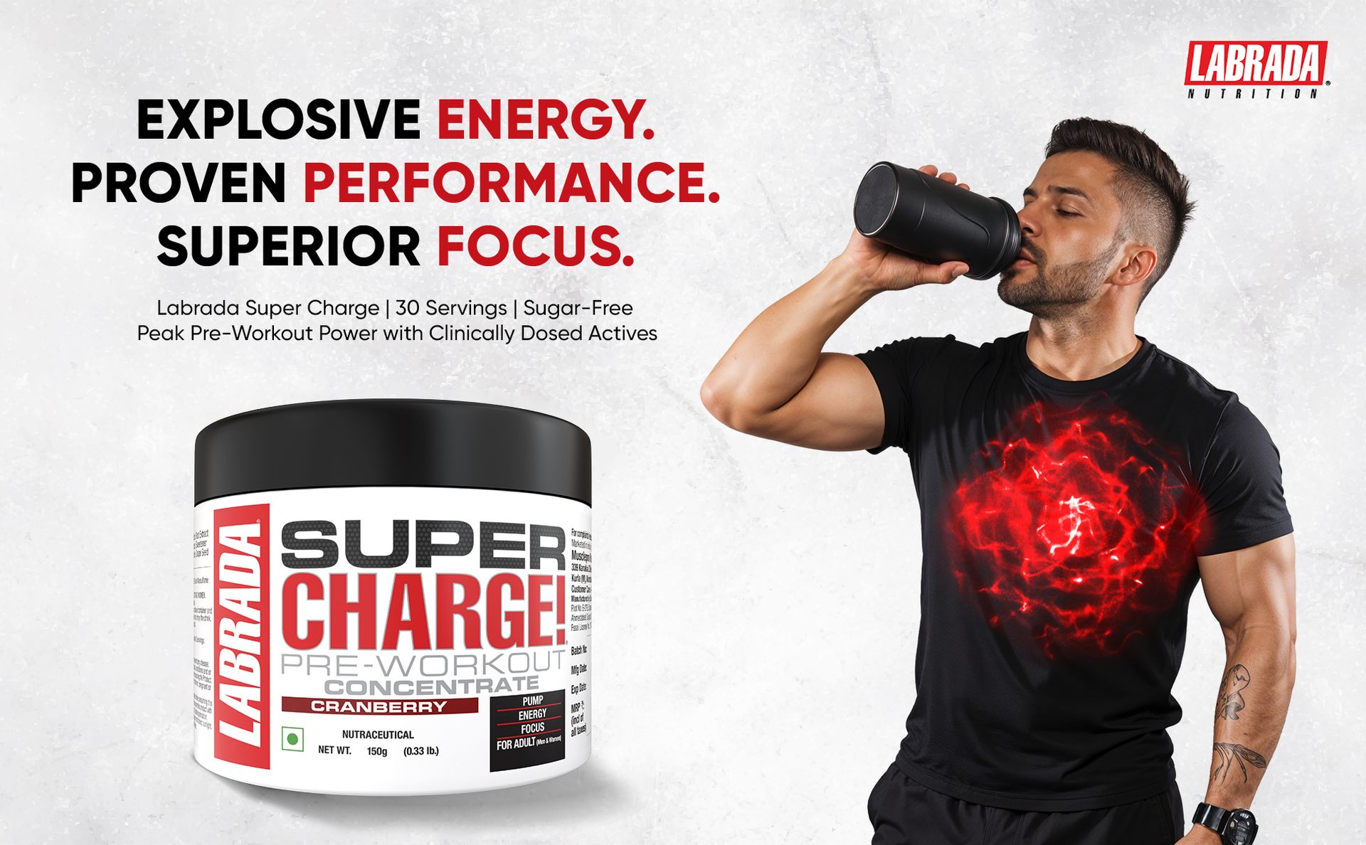 Labrada Super Charge Pre Workout Supplement for Men & Women | Energy, Focus & Muscle Pump Support | Mango Flavour | 150g