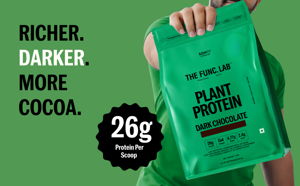 The Func. Lab Plant Protein for Men and Women – Dark Chocolate | 1 kg | 26g Protein per Scoop | Pea and Rice Blend | Vegan, Sugar‑Free | 100% Clean Label, Gut Friendly, Vegetarian