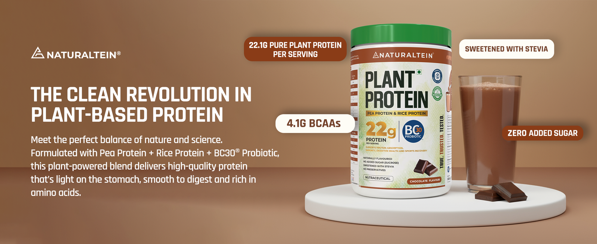 NATURALTEIN Plant Protein – 22g Clean Protein per Serving with BC30 Probiotic | Chocolate Flavour | Supports Strength, Energy & Gut Health | No Added Sugar | 100% Natural, Vegan & Easily Digestible Nutrition