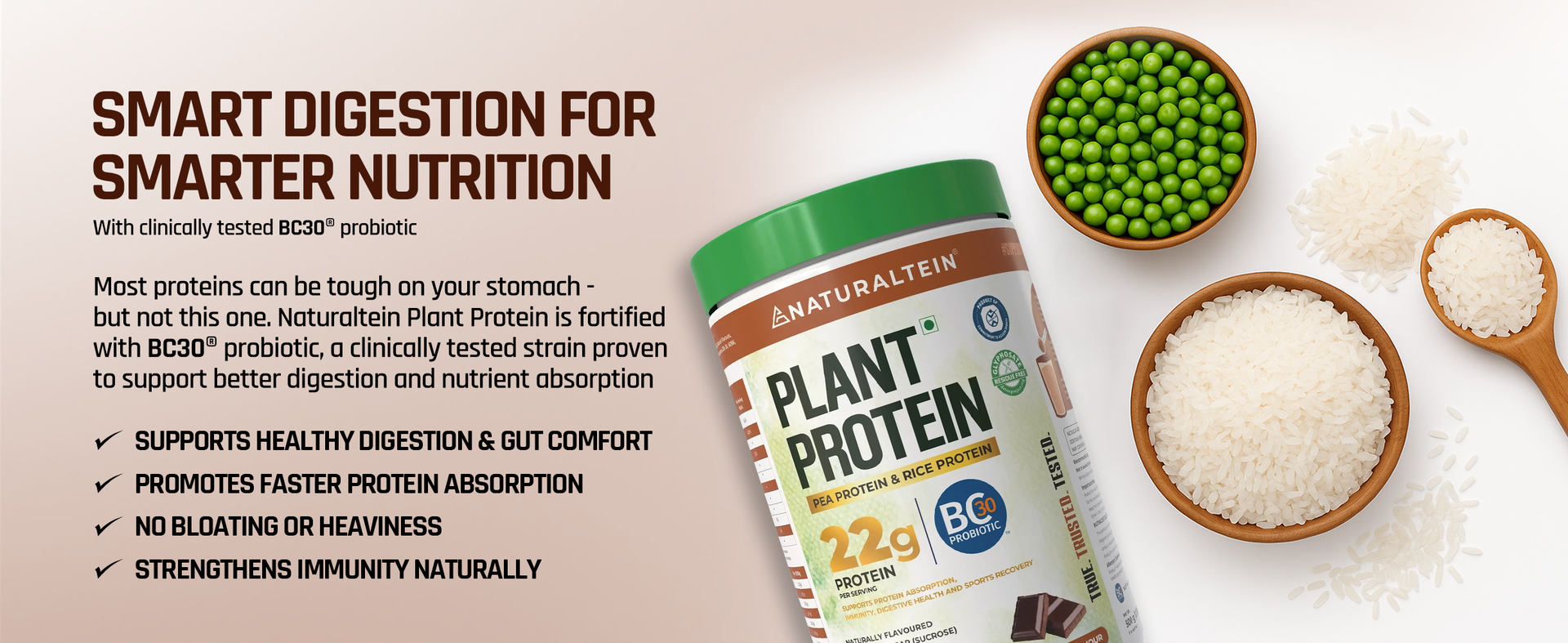 NATURALTEIN Plant Protein – 22g Clean Protein per Serving with BC30 Probiotic | Chocolate Flavour | Supports Strength, Energy & Gut Health | No Added Sugar | 100% Natural, Vegan & Easily Digestible Nutrition