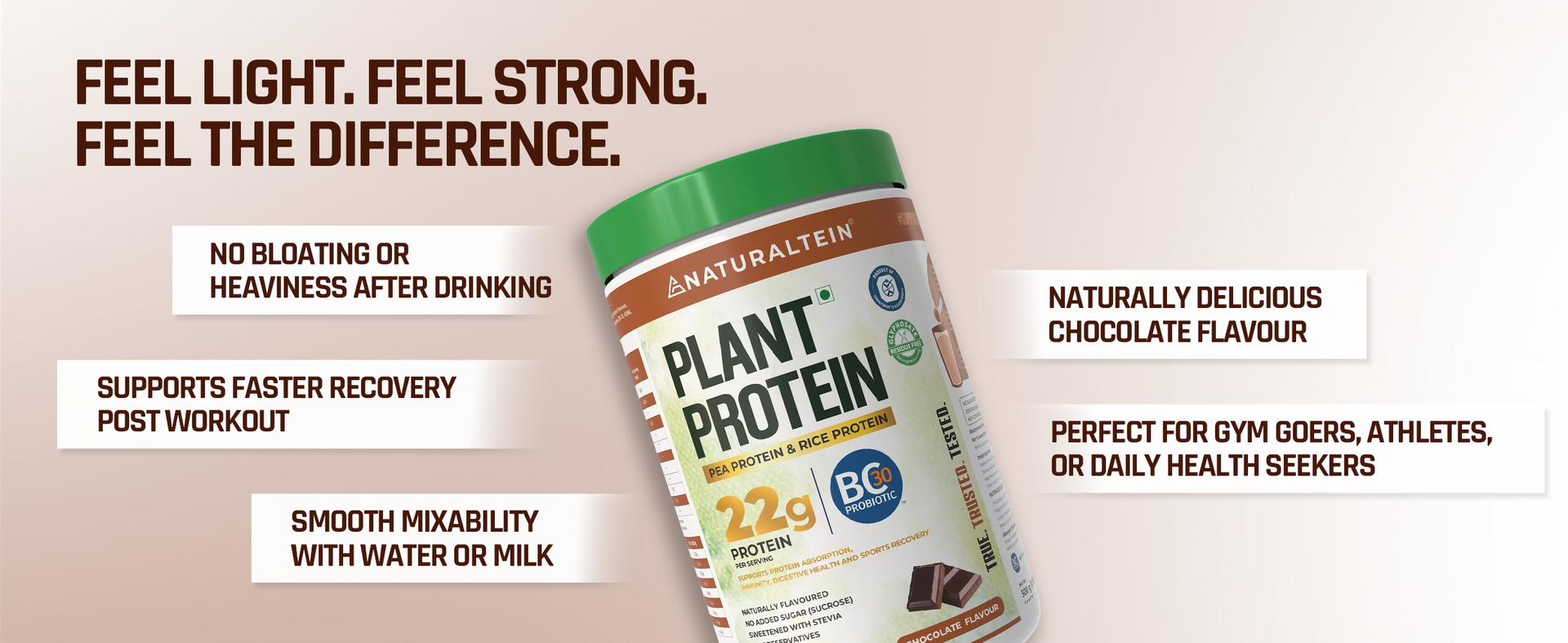 NATURALTEIN Plant Protein – 22g Clean Protein per Serving with BC30 Probiotic | Chocolate Flavour | Supports Strength, Energy & Gut Health | No Added Sugar | 100% Natural, Vegan & Easily Digestible Nutrition