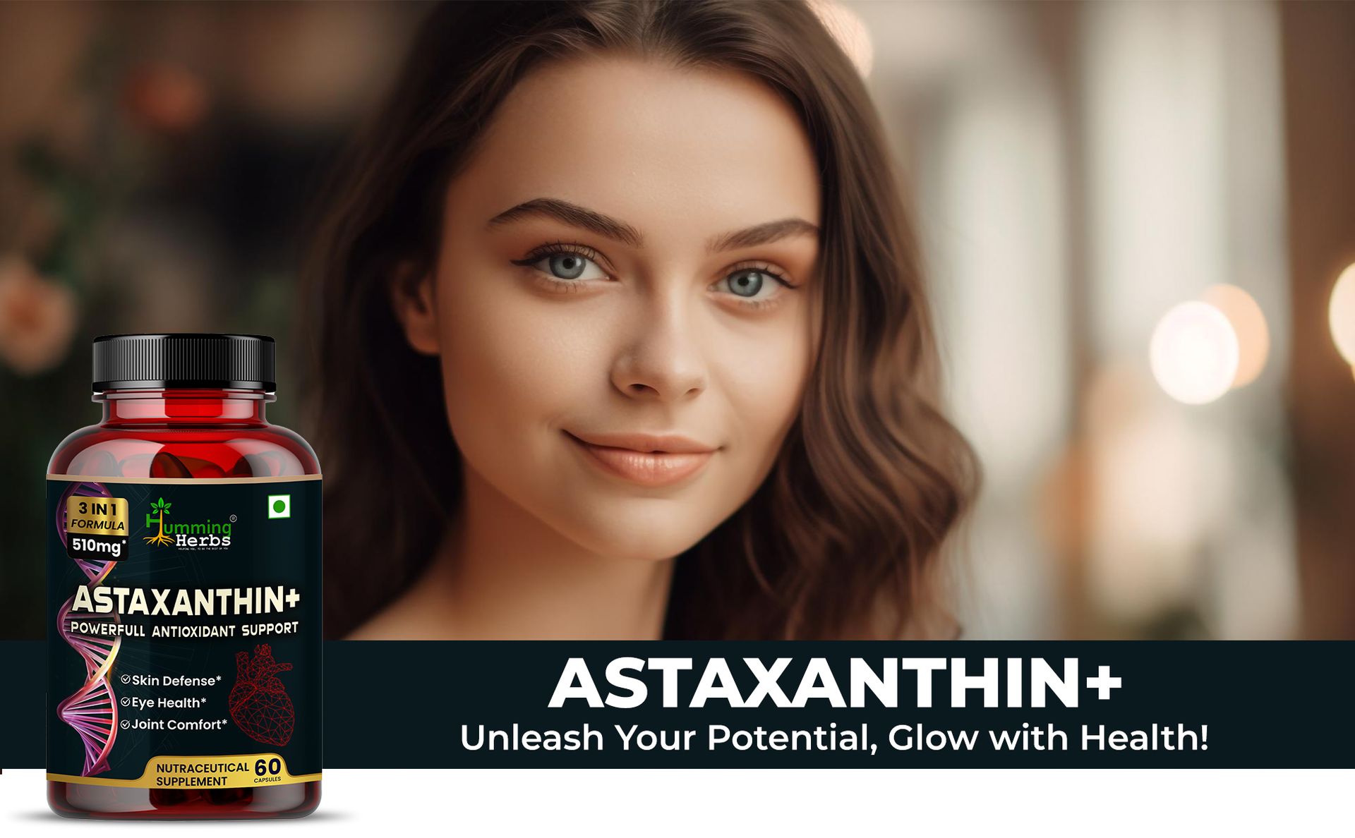 Humming Herbs Astaxanthin Plus with Coenzyme Q10 & Berberis Aristata for Great Antioxidant Support - Promotes Skin Health, Eye Protection & Joint Comfort