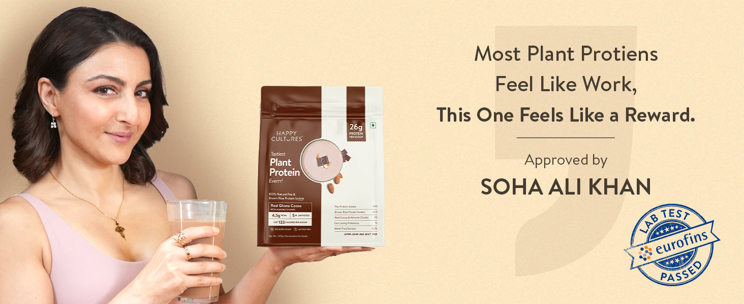 Happy Cultures 26g Tastiest Plant Protein| Chocolate, Almond Chunks & Ashwagandha (KSM 66)| Pea & Brown Rice Protein Isolate| No Added Sugar| Vegan| 20 Complete Amino Acids| Monk Fruit Extract| Women & Men| No Bloating, Easy to Digest| Dairy Free with Probiotics- 505g, Chocolate