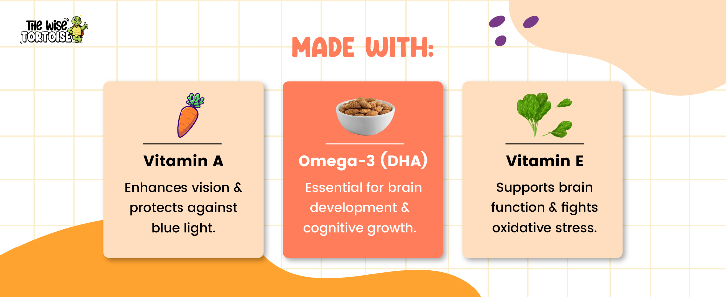 Visionary Eye & Brain Health Gummies for Kids (5–15 Yrs) | DHA + Lutein + Zeaxanthin for Daily Focus, Vision & Memory | 30 Gummies | Natural Olympic Orange Flavour | The Wise Tortoise