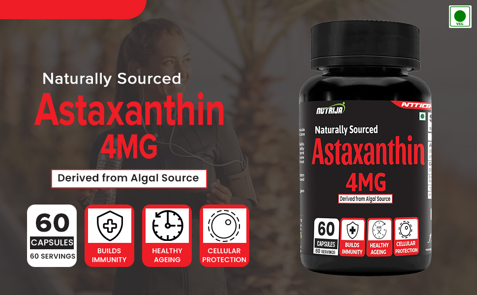 NutriJa Naturally Sourced Astaxanthin 4mg with Grape Seed Extract - 90 Veg Capsules | Powerful Antioxidant for Eye Health, Skin Care & Immunity