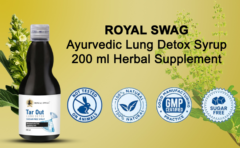 ROYAL SWAG Ayurvedic Lung Detox Syrup 200 ml Herbal Supplement | Made with Natural Extracts Tulsi, Mulethi, Vasava, Pippali, and Turmeric | Sugar Free Syrup For Lung Cleansing and Detoxification