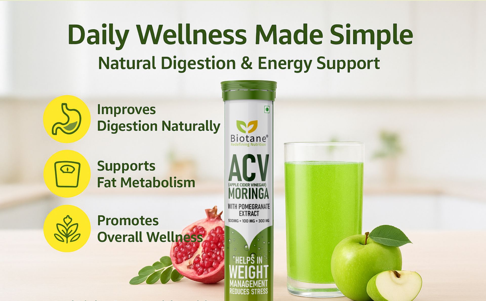Biotane ACV (Apple Cider Vinegar) with Moringa & Pomegranate Extract Effervescent Tablets | Weight Management & Stress Relief Supplement | Green Apple Flavour – 15 Tablets