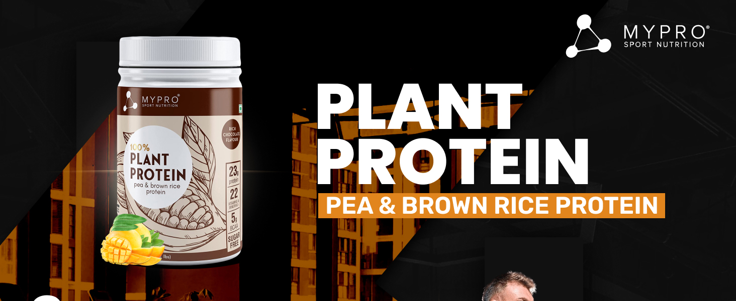 Mypro Sport Nutrition Plant Protein Powder Pea & Brown Rice Protein (23g protein,22 Vitamins & minerals,5g BCAA) Plant Based Vegan Protein Supplement For Men & Women (Alphonso Mango, 500 gm)