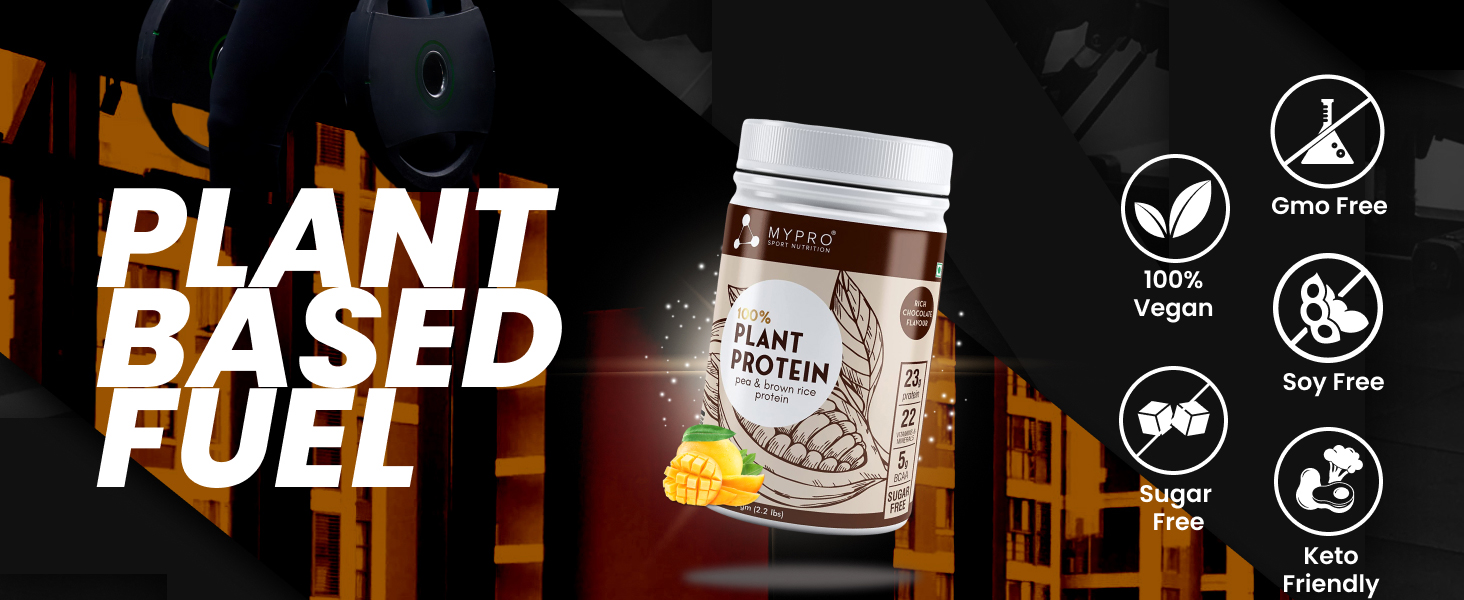 Mypro Sport Nutrition Plant Protein Powder Pea & Brown Rice Protein (23g protein,22 Vitamins & minerals,5g BCAA) Plant Based Vegan Protein Supplement For Men & Women (Alphonso Mango, 500 gm)