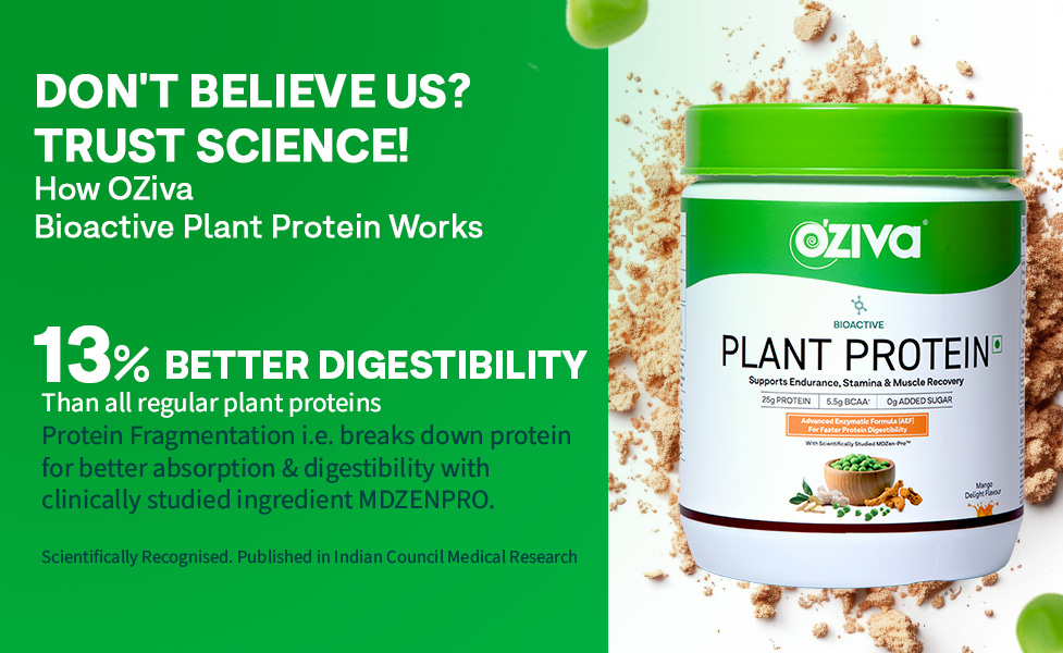 OZiva Bioactive Plant Protein Powder, 5.5g BCAA, Pea Isolate, Mango, 500g