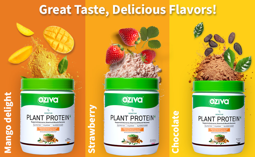 OZiva Bioactive Plant Protein Powder, 5.5g BCAA, Pea Isolate, Mango, 500g