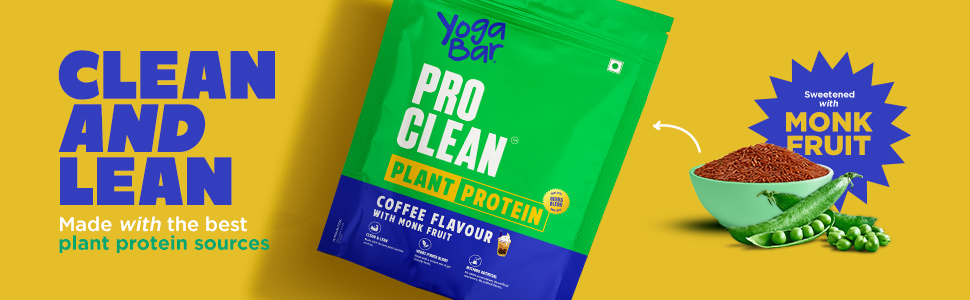 Yogabar Pro Clean Plant Protein | Coffee Flavour with Monk Fruit | 25g Protein per Serving | Clean & Natural Blend | Vegan, No Added Sugar, Gluten-Free | 500g