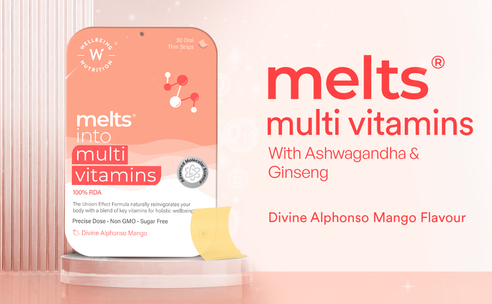 Wellbeing Nutrition Melts Plant Based Multivitamin for Men & Women with 100% RDA of Zinc, B-Complex, Vitamin C, D3 + K2(MK7), Ashwagandha & Ginseng for Immunity & Energy, 30 Oral Strips