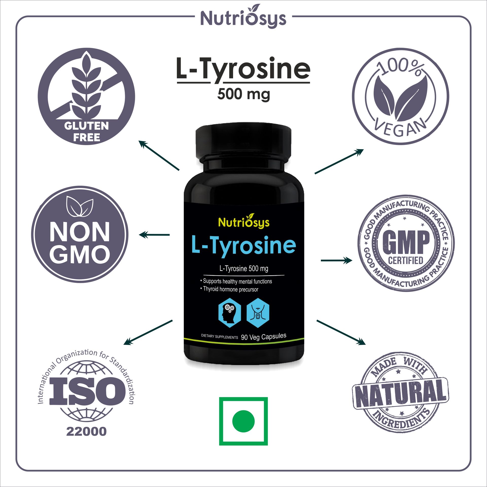 Nutriosys L-Tyrosine 500mg Supports Cognitive Health & Brain Function, Essential For Thyroid Functions - 90 Veg Capsules