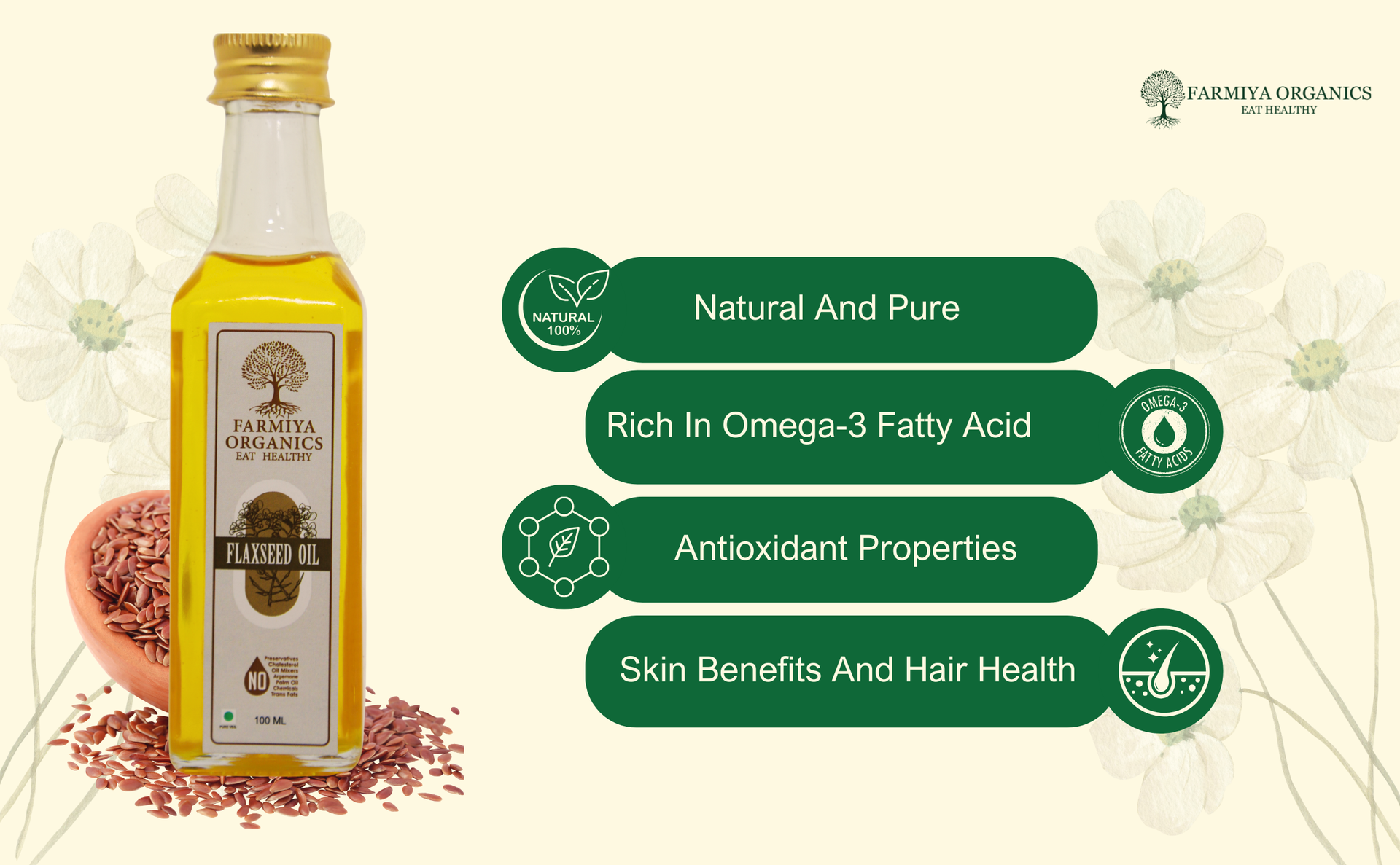 100% Pure and Natural Wood Pressed Flaxseed Oil 100ml Preservatives Free Flax Seeds Cooking Oil