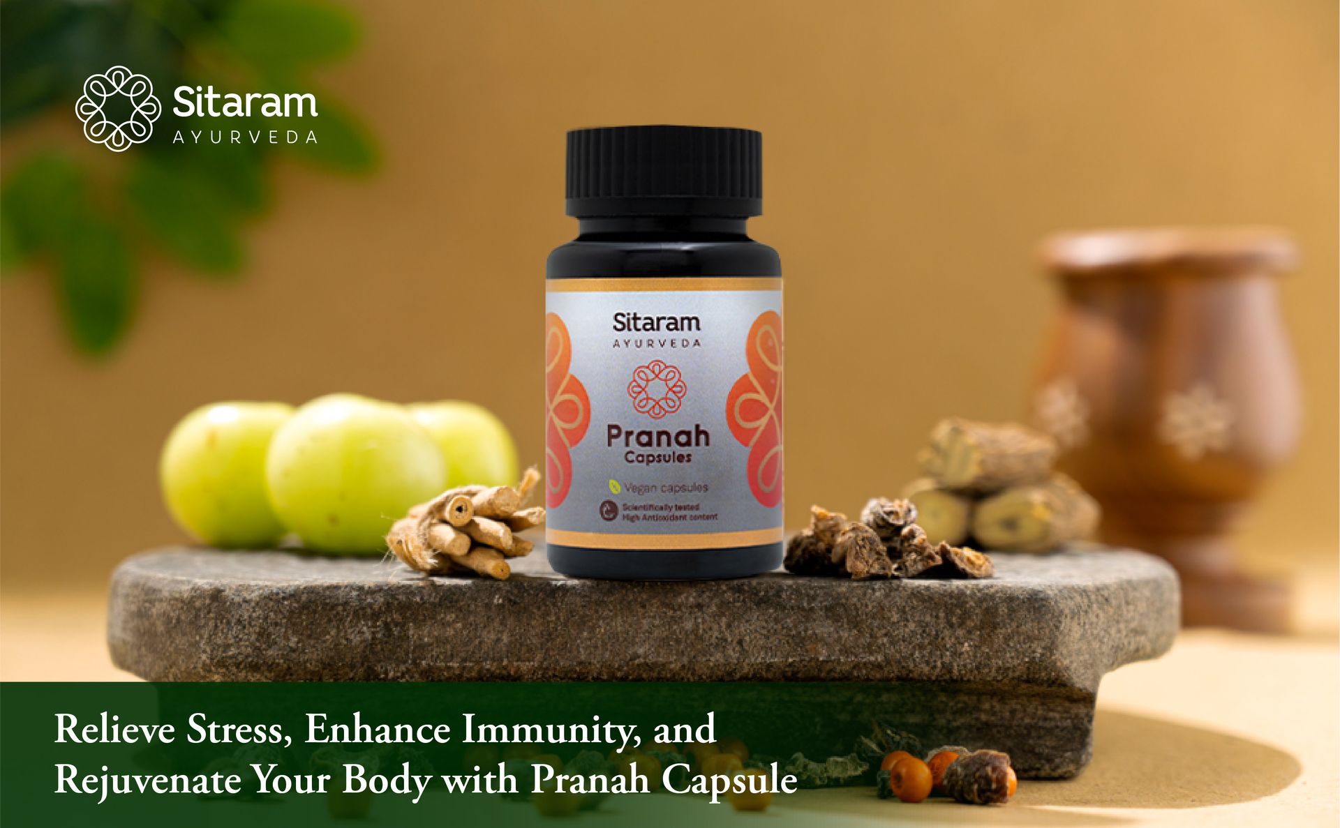 Sitaram Ayurveda Pranah Capsules | Ayurvedic Wellness Blend with Ashwagandha, Amla & Yashtimadhu | Supports Stress Management, Digestion & Immune Health | Vegetarian | 60 Nos